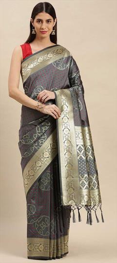 Festive, Traditional, Wedding Black and Grey color Saree in Banarasi Silk, Silk fabric with South Weaving work : 1730475