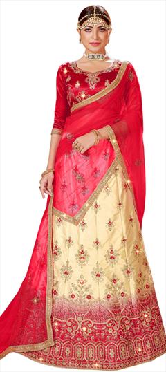 Party Wear, Reception Beige and Brown, Pink and Majenta color Lehenga in Satin Silk fabric with A Line Embroidered, Stone, Thread, Zari work : 1730550