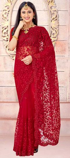 Festive, Party Wear Red and Maroon color Saree in Net fabric with Classic Embroidered, Moti, Resham, Stone, Thread work : 1730586