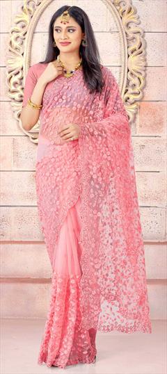 Festive, Party Wear Pink and Majenta color Saree in Net fabric with Classic Embroidered, Moti, Resham, Stone, Thread work : 1730593
