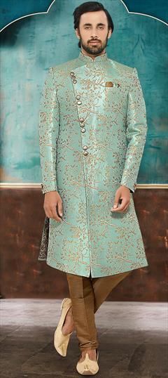 Blue color Sherwani in Brocade fabric with Printed work : 1730809