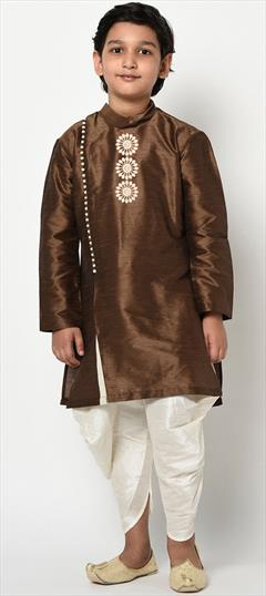 Beige and Brown color Boys Dhoti Kurta in Dupion Silk fabric with Embroidered, Thread work : 1730849