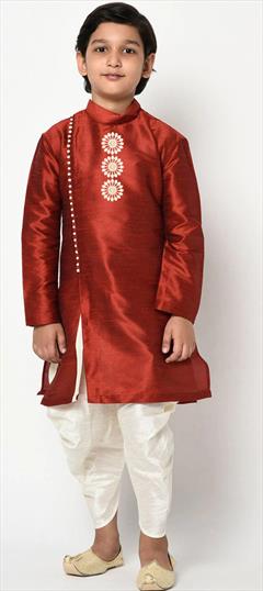 Red and Maroon color Boys Dhoti Kurta in Dupion Silk fabric with Embroidered, Thread work : 1730850