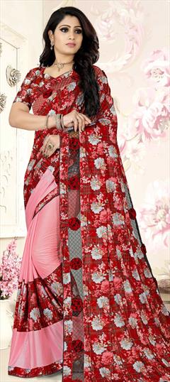 Casual, Party Wear Pink and Majenta, Red and Maroon color Saree in Lycra fabric with Classic Floral, Printed work : 1730919