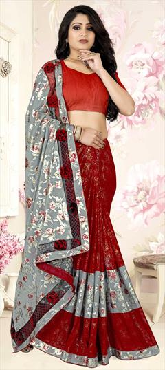 Casual, Party Wear Black and Grey, Red and Maroon color Saree in Lycra fabric with Classic Floral, Printed work : 1730923