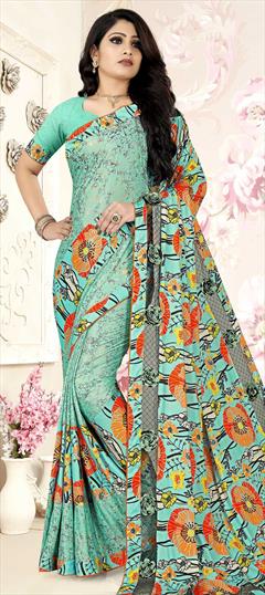 Casual, Party Wear Blue color Saree in Lycra fabric with Classic Floral, Printed work : 1730927