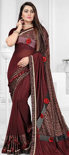 Party Wear Red and Maroon color Saree in Lycra fabric with Classic, Ruffle Lace work : 1730931
