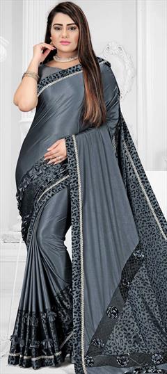 Party Wear Black and Grey color Saree in Lycra fabric with Classic, Ruffle Lace work : 1730932