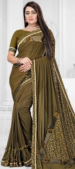 Party Wear Green color Saree in Lycra fabric with Classic, Ruffle Lace work : 1730933