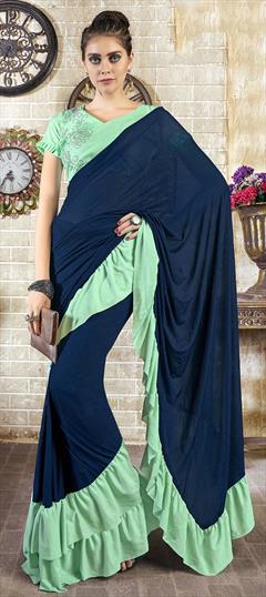 Casual, Party Wear Blue color Saree in Lycra fabric with Classic, Ruffle Thread work : 1730961