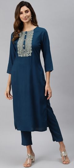 Casual, Party Wear Blue color Salwar Kameez in Rayon fabric with Embroidered, Zari work : 1731003