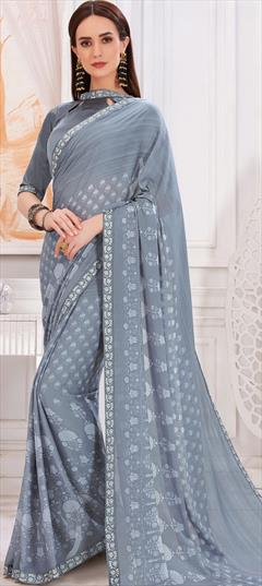 Casual, Party Wear Black and Grey color Saree in Georgette fabric with Classic Floral, Printed work : 1731120