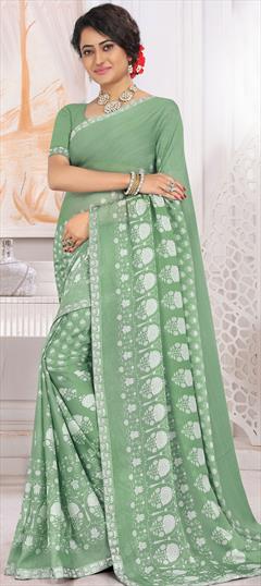 Casual, Party Wear Green color Saree in Georgette fabric with Classic Floral, Printed work : 1731125