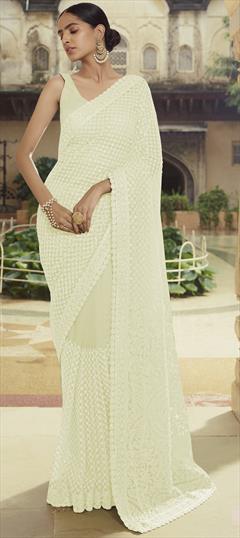 Engagement, Festive, Wedding White and Off White color Saree in Net fabric with Classic Embroidered, Resham, Sequence, Thread work : 1731406