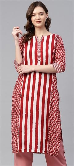 Casual Red and Maroon color Kurti in Cotton fabric with Long Sleeve, Straight Printed work : 1731868