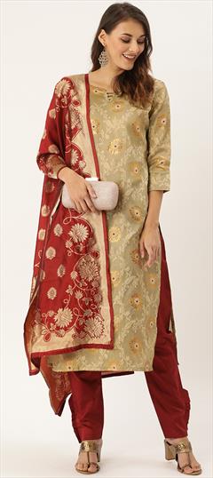 Casual Beige and Brown color Salwar Kameez in Jacquard fabric with Straight Weaving work : 1732043