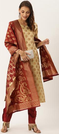 Casual Beige and Brown color Salwar Kameez in Jacquard fabric with Straight Weaving work : 1732046