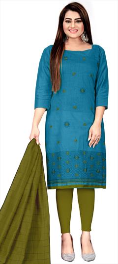 Casual Blue color Salwar Kameez in Cotton fabric with Straight Embroidered, Resham, Thread work : 1732095
