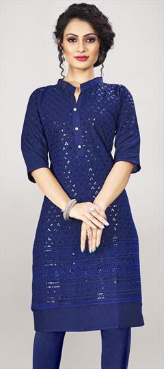 Casual Blue color Kurti in Rayon fabric with Long Sleeve, Straight Embroidered, Sequence, Thread work : 1732096