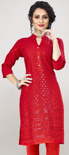 Casual Red and Maroon color Kurti in Rayon fabric with Long Sleeve, Straight Embroidered, Sequence, Thread work : 1732098
