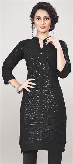 Casual Black and Grey color Kurti in Rayon fabric with Long Sleeve, Straight Embroidered, Sequence, Thread work : 1732101