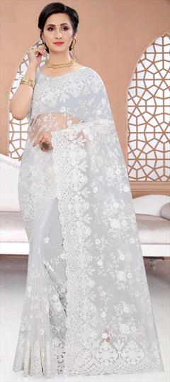 Festive, Party Wear White and Off White color Saree in Net fabric with Classic Embroidered, Resham, Stone, Thread work : 1732353