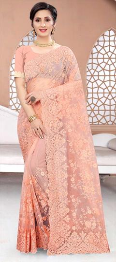 Festive, Party Wear Pink and Majenta color Saree in Net fabric with Classic Embroidered, Resham, Stone, Thread work : 1732358