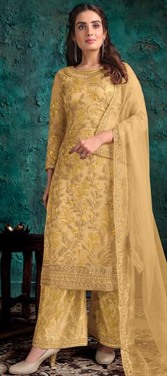 Festive, Party Wear Yellow color Salwar Kameez in Net fabric with Palazzo Embroidered, Floral, Lace, Thread work : 1732869