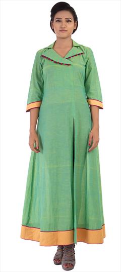 Casual Green color Kurti in Cotton fabric with A Line, Long Sleeve Thread work : 1732876