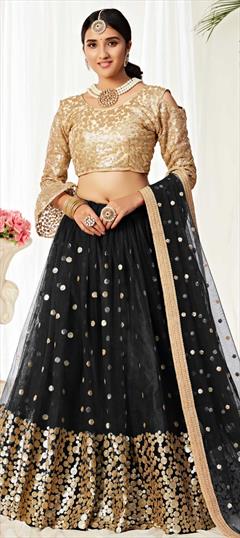 Festive, Wedding Black and Grey color Lehenga in Net fabric with A Line Sequence work : 1732904