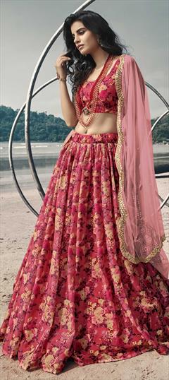 Festive, Wedding Pink and Majenta, Red and Maroon color Lehenga in Organza Silk fabric with A Line Floral, Printed work : 1732911