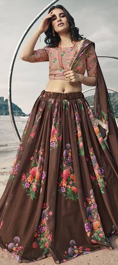 Festive, Wedding Beige and Brown color Lehenga in Organza Silk fabric with A Line Floral, Printed, Thread work : 1732914