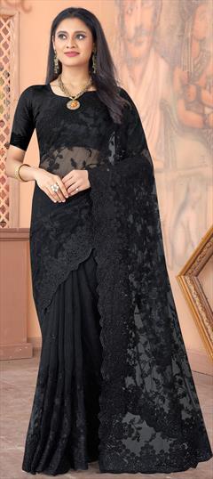 Festive, Party Wear Black and Grey color Saree in Net fabric with Classic Embroidered, Resham, Stone, Thread work : 1733088