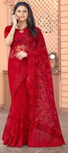 Festive, Party Wear Red and Maroon color Saree in Net fabric with Classic Embroidered, Resham, Stone, Thread work : 1733090