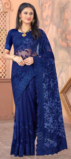 Festive, Party Wear Blue color Saree in Net fabric with Classic Embroidered, Resham, Stone, Thread work : 1733091