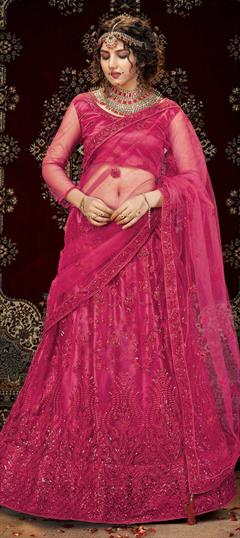 Festive, Wedding Pink and Majenta color Lehenga in Net fabric with A Line Embroidered, Sequence, Thread work : 1733321