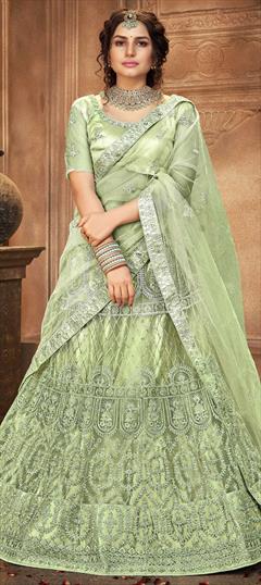 Festive, Wedding Green color Lehenga in Net fabric with A Line Embroidered, Sequence, Thread work : 1733324