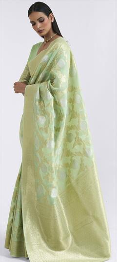Traditional Green color Saree in Linen fabric with Bengali Weaving work : 1733504