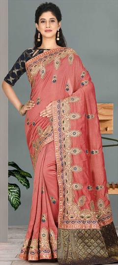 Festive, Traditional, Wedding Pink and Majenta color Saree in Satin Silk, Silk fabric with South Embroidered, Stone, Thread, Zari work : 1733735