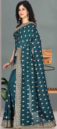 Festive, Traditional, Wedding Blue color Saree in Satin Silk, Silk fabric with South Embroidered, Stone, Thread, Zari work : 1733738