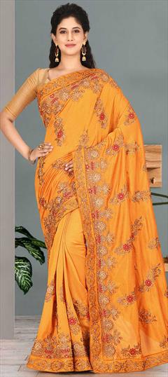 Festive, Traditional, Wedding Yellow color Saree in Satin Silk, Silk fabric with South Embroidered, Stone, Thread, Zari work : 1733751
