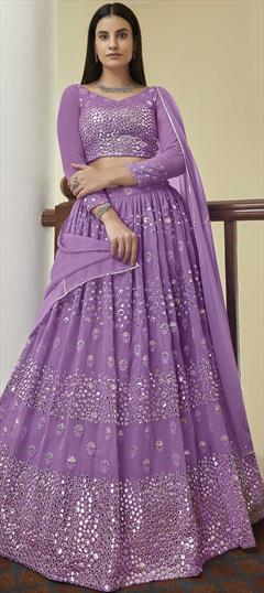 Engagement, Festive, Wedding Purple and Violet color Lehenga in Georgette fabric with A Line Gota Patti, Mirror, Resham work : 1734026