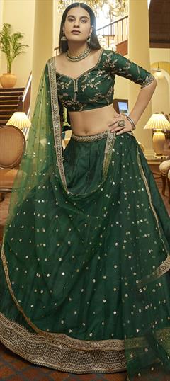Engagement, Festive, Wedding Green color Lehenga in Art Silk fabric with A Line Lace, Sequence, Zari work : 1734029