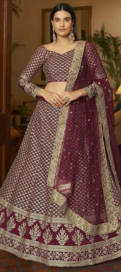 Engagement, Festive, Wedding Red and Maroon color Lehenga in Crepe Silk fabric with A Line Sequence, Thread work : 1734031