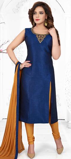 Party Wear Blue color Salwar Kameez in Art Silk fabric with Churidar Bugle Beads, Sequence work : 1734100