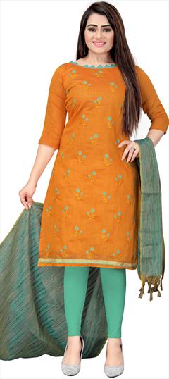 Casual Yellow color Salwar Kameez in Cotton fabric with Straight Embroidered, Resham, Thread work : 1734110