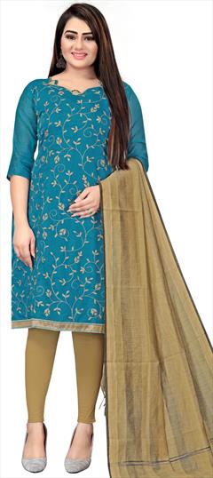 Casual Blue color Salwar Kameez in Chanderi Silk fabric with Straight Embroidered, Thread work : 1734111