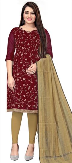 Casual Red and Maroon color Salwar Kameez in Chanderi Silk fabric with Straight Embroidered, Thread work : 1734112