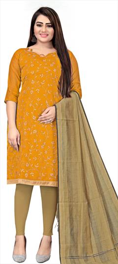 Casual Yellow color Salwar Kameez in Chanderi Silk fabric with Straight Embroidered, Thread work : 1734113