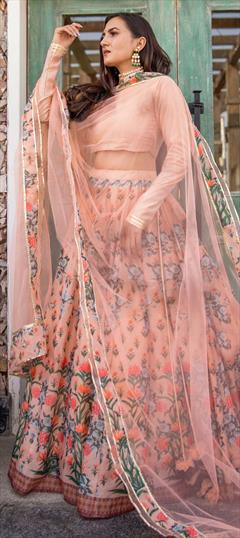 Festive, Party Wear Pink and Majenta color Lehenga in Chanderi Silk fabric with A Line Floral, Printed work : 1734116